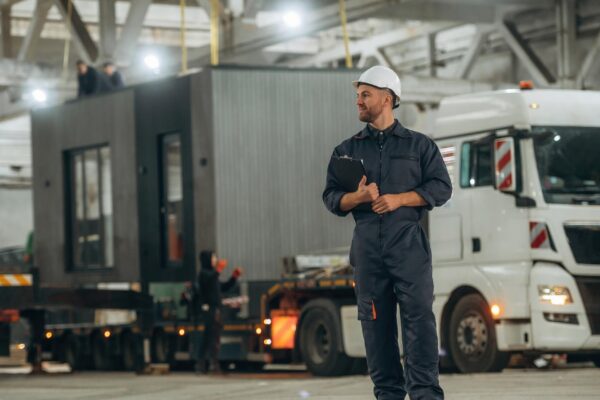 house is transported by a truck Male worker is in the modern warehouse or manufacturing company