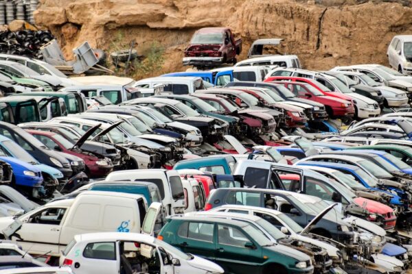 Scrap Yard With Pile Of Crushed Cars in tenerife canary islands spain