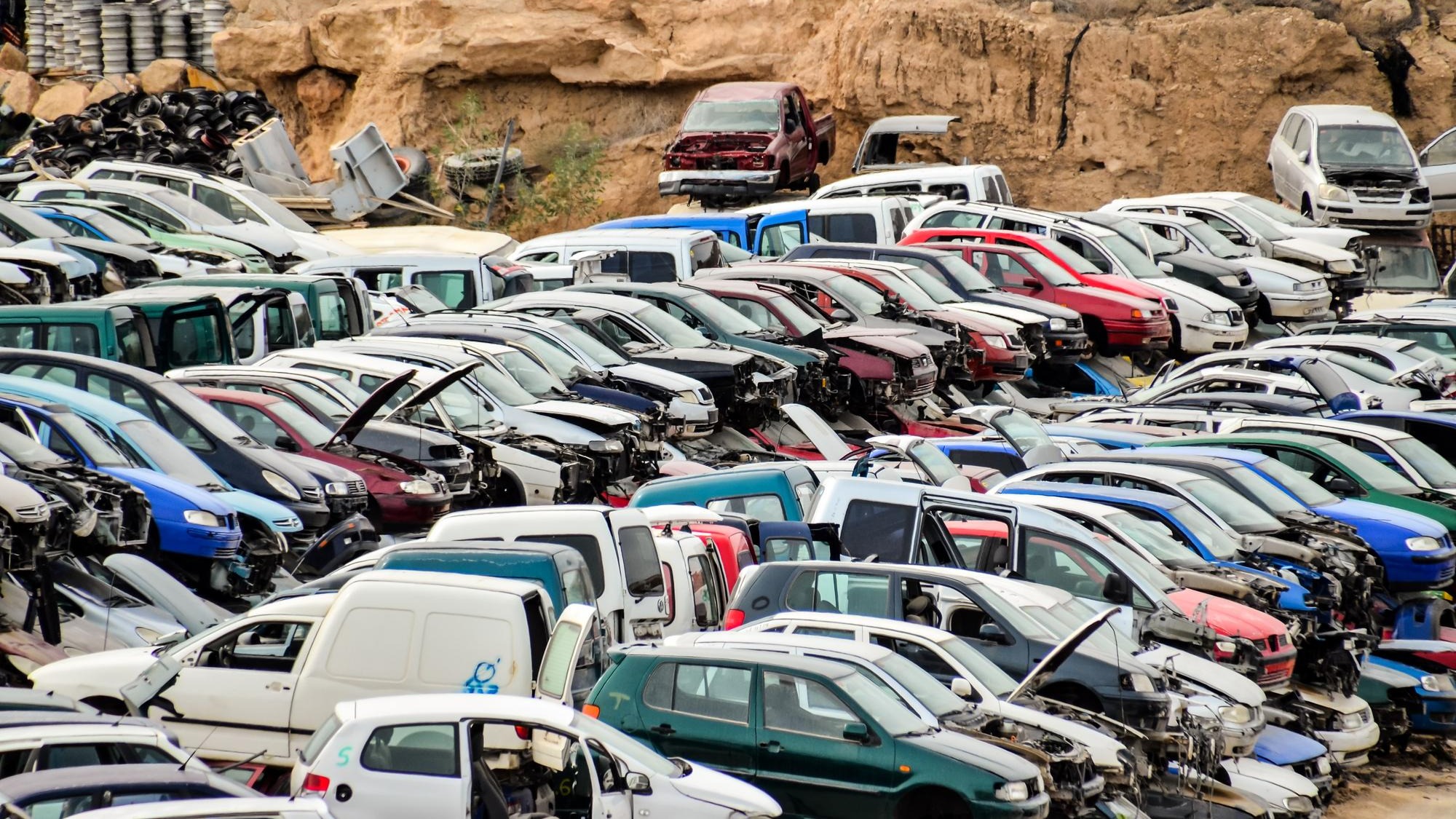 Scrap Yard With Pile Of Crushed Cars in tenerife canary islands spain