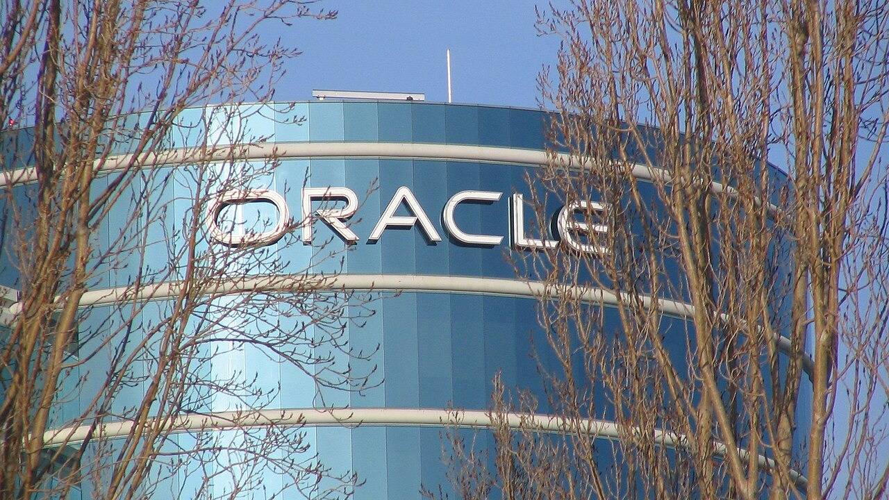 Oracle logo at the Oracle headquarters.