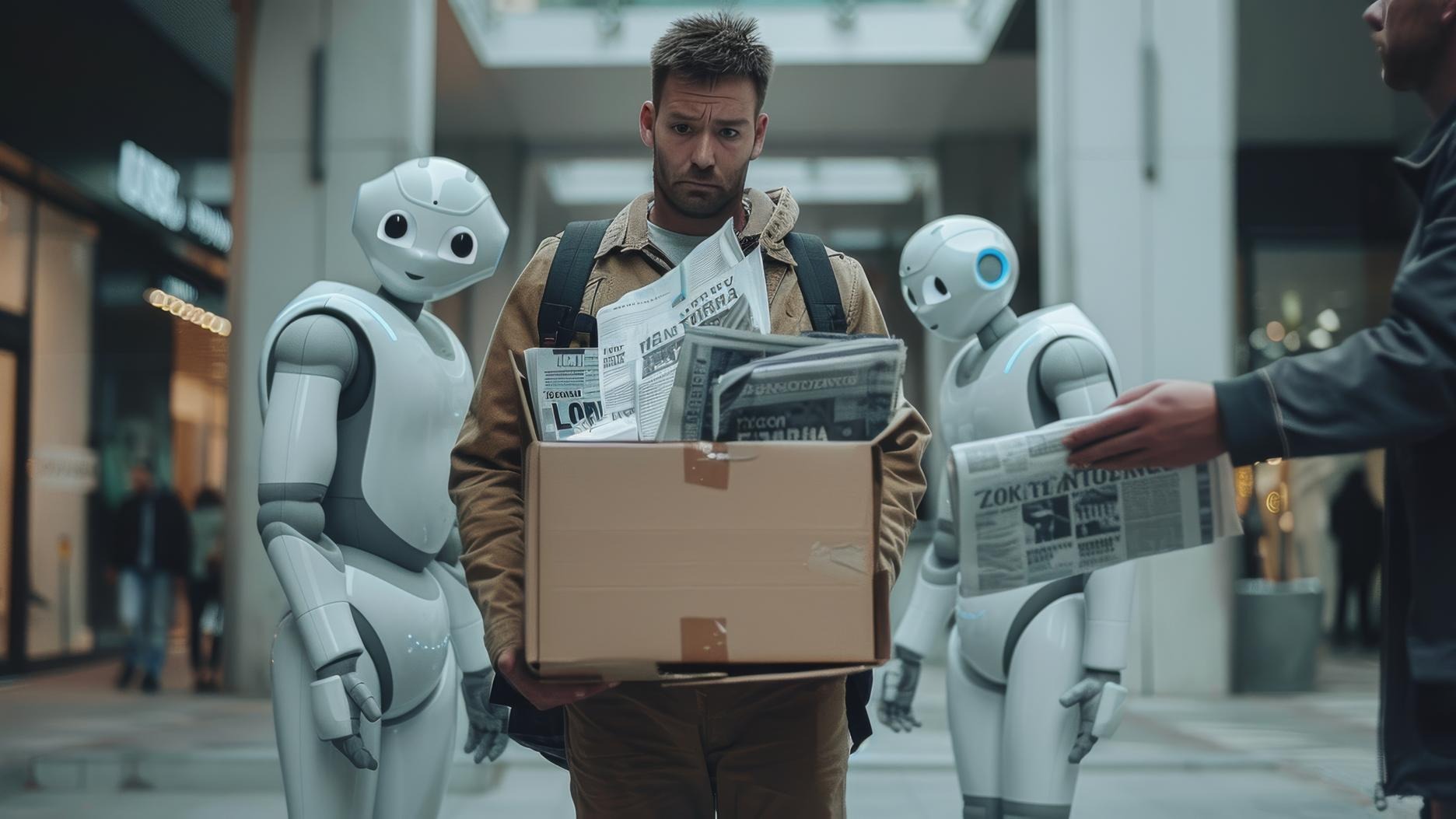 Man Walking Between Two White Humanoid Robots in Modern Building