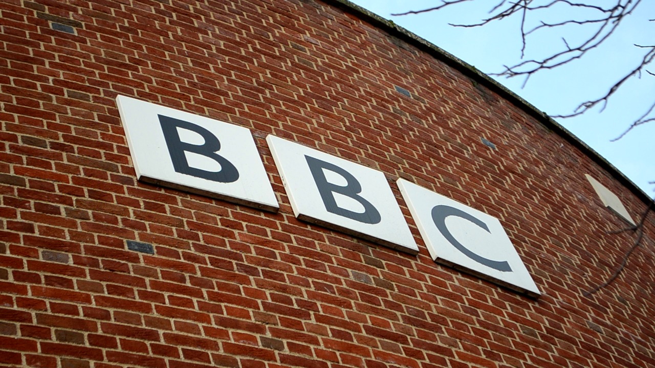 A photo of the BBC logo on the side of The Forum building in Norwich. This photo was taken on the Theatre Street side of the building.