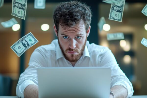 Focused Man with Laptop Surrounded by Money