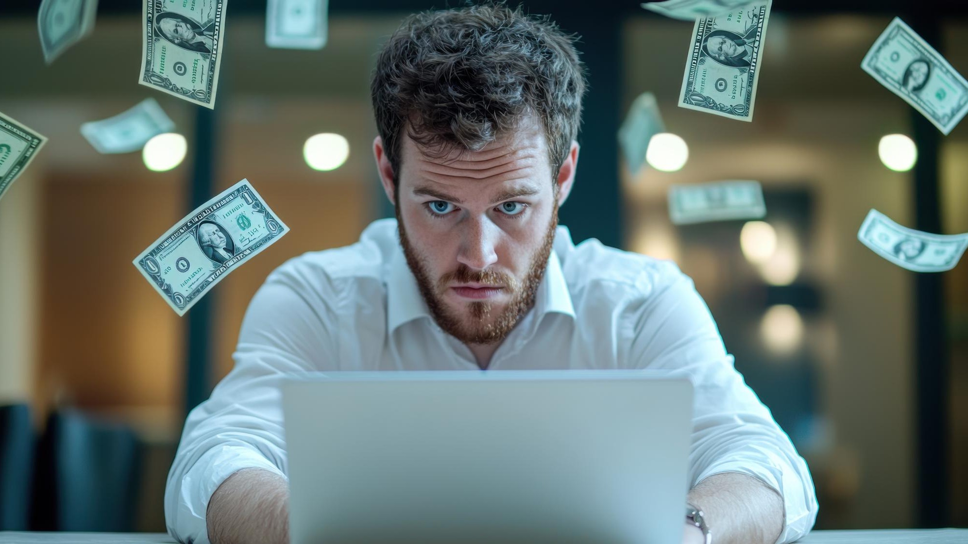 Focused Man with Laptop Surrounded by Money
