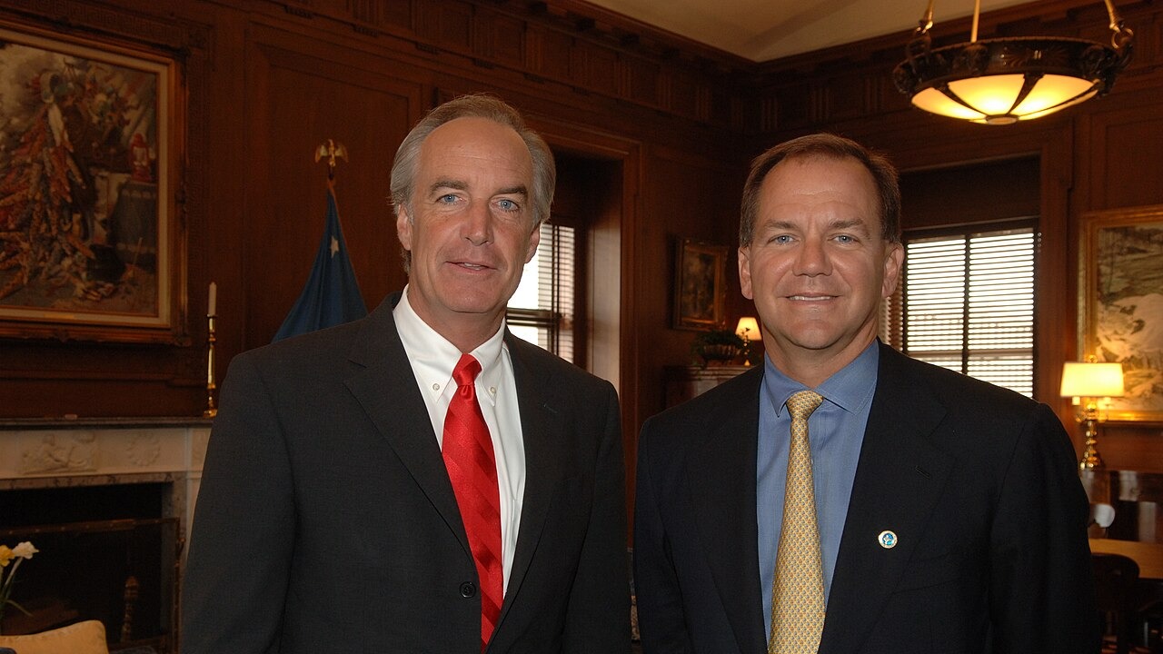 Complete assignment is listed as: Subject: Secretary Dirk Kempthorne [meeting at Main Interior with delegation from the] National Fish and Wildlife Foundation, including [Ececutive Director], Jeff Trandahl, and [Chairman of the Board], Paul Tudor Jones Photographer: Tami Heilemann--Interior Staff