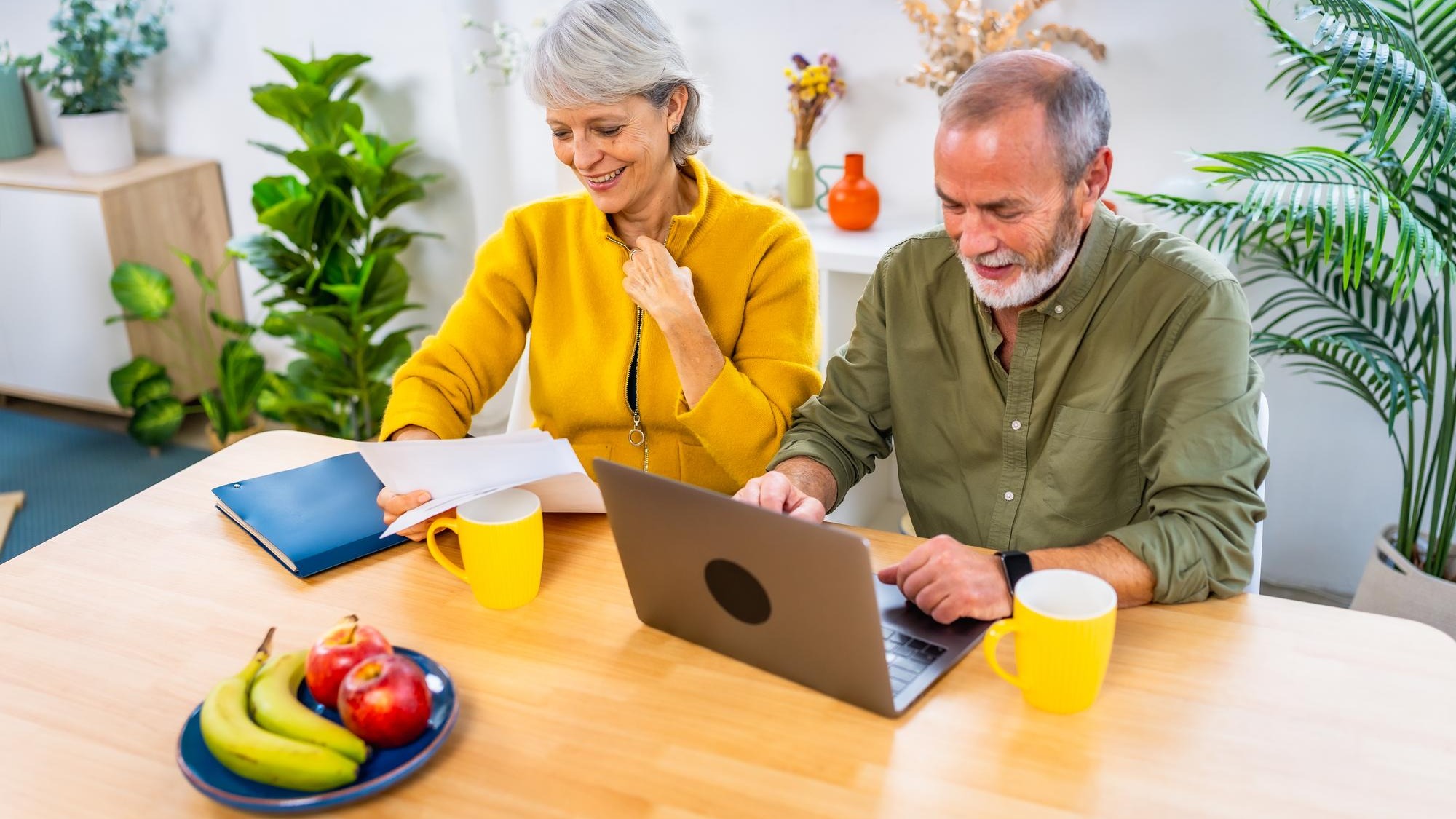 Happy senior couple working on personal financial bills at home