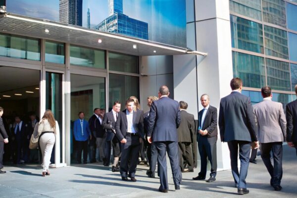 a group of people are walking down a red carpet outside a building