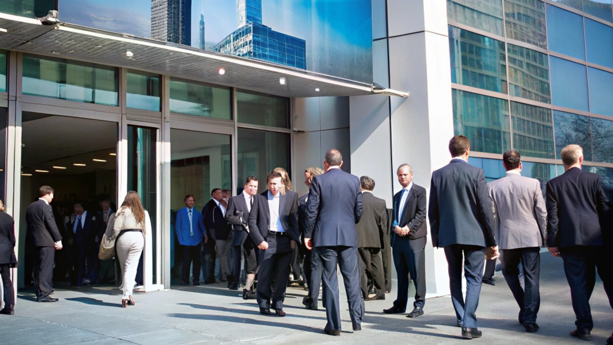 a group of people are walking down a red carpet outside a building