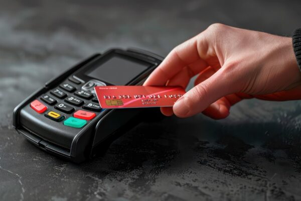A Hand inserts credit card into payment terminal