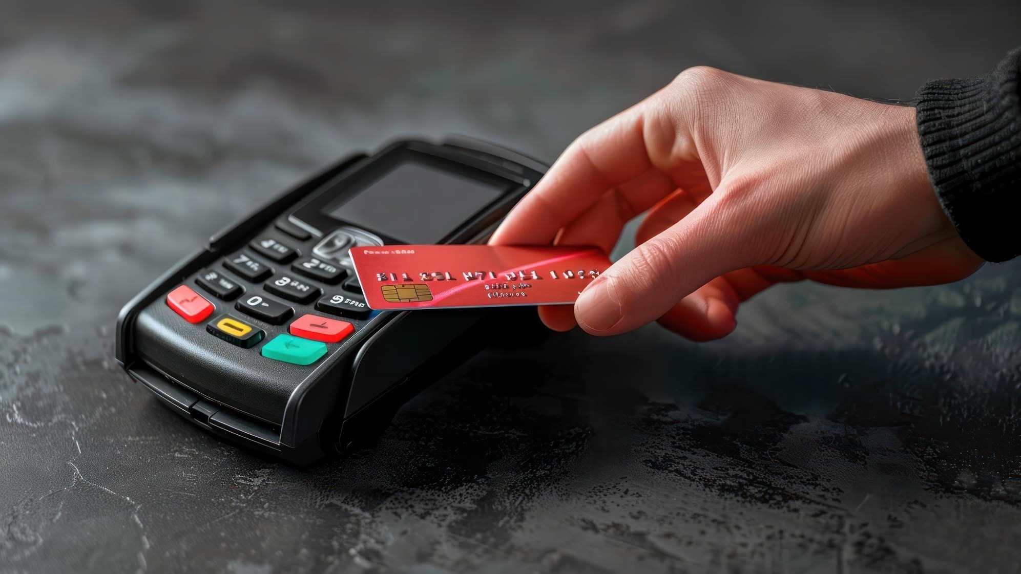 A Hand inserts credit card into payment terminal