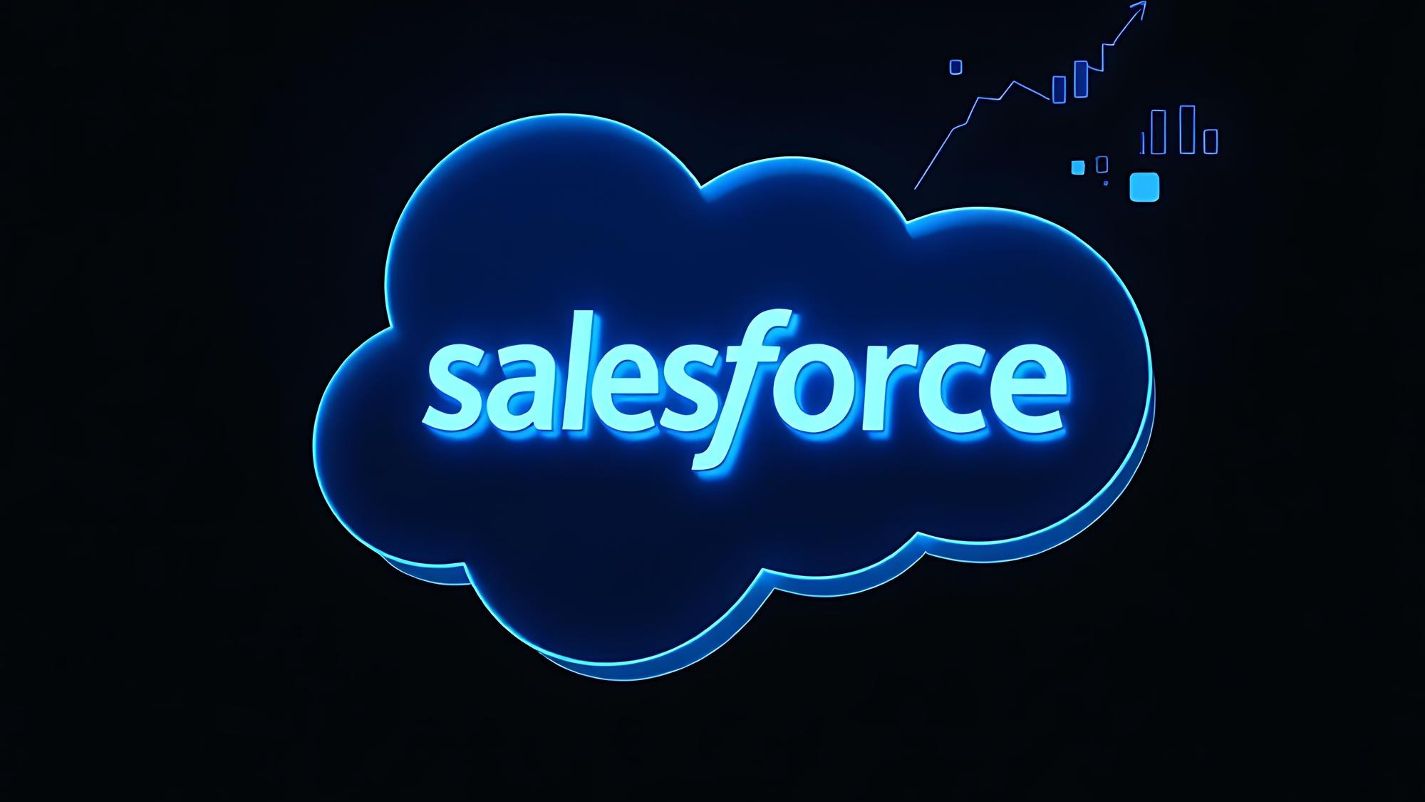 3D Render Salesforce Logo Carved in Translucent Blue Resin Hovering Slightly Neon Blue Glow Tracin
