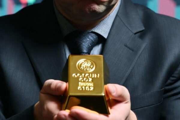 Worried Investor Holding Gold Bar Amidst Market Downturn