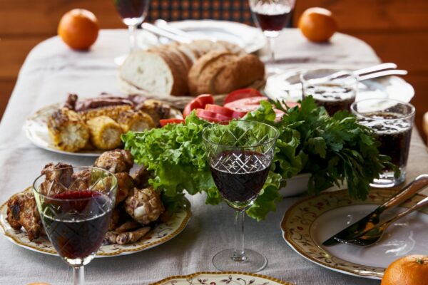 Holiday table full of food grill on