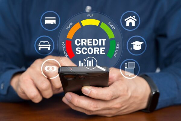 Credit score concept Person use smartphone with virtual credit score icon for chart with credit