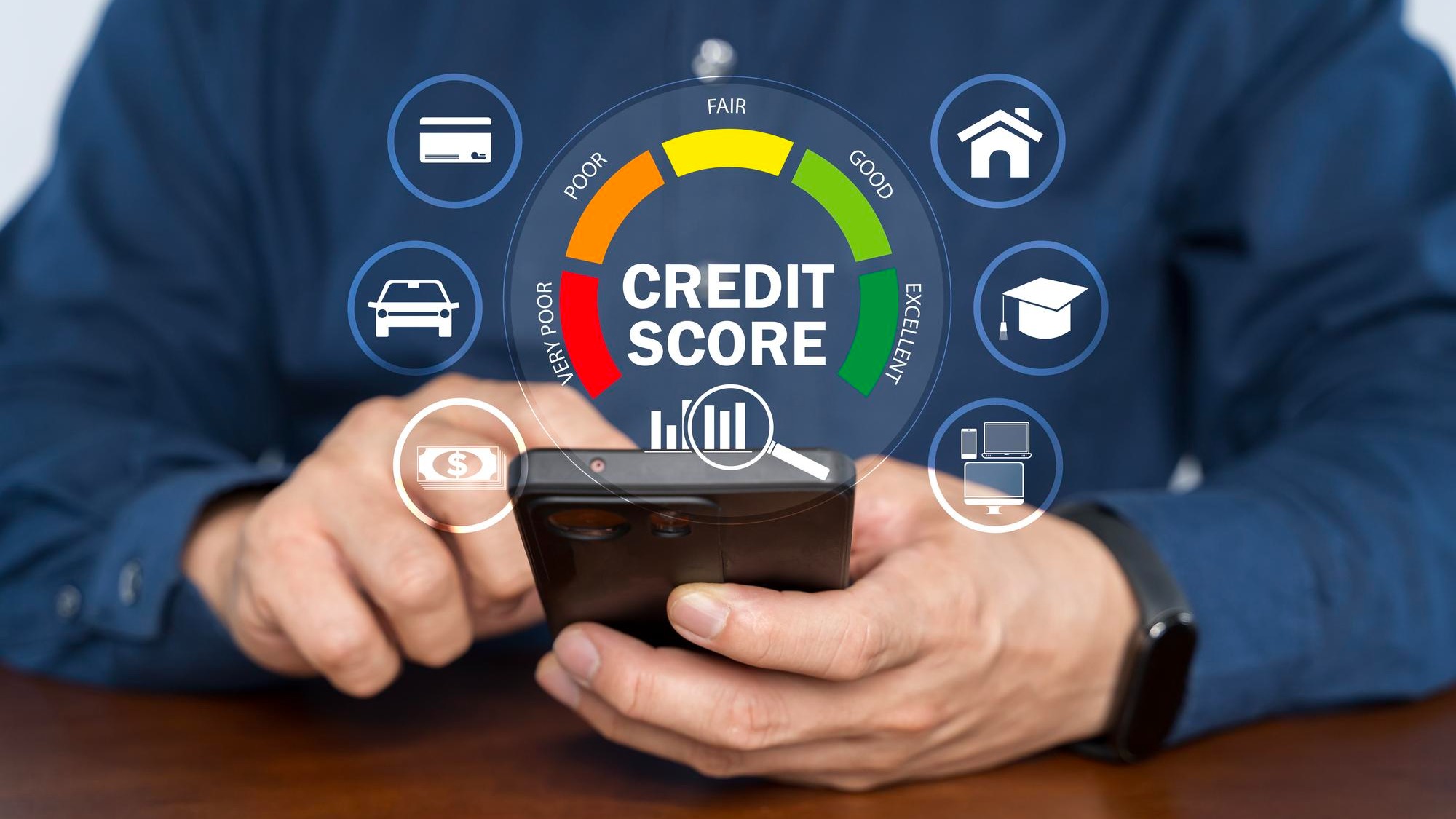 Credit score concept Person use smartphone with virtual credit score icon for chart with credit
