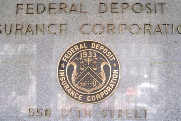 FDIC seal in front of the headquarters building by the White House.
