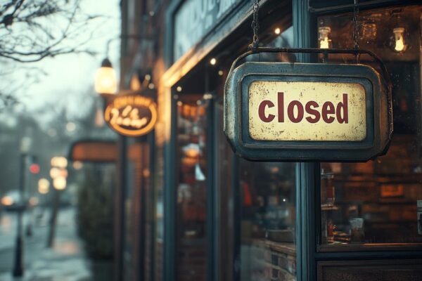 A closed sign hangs on a window of a store