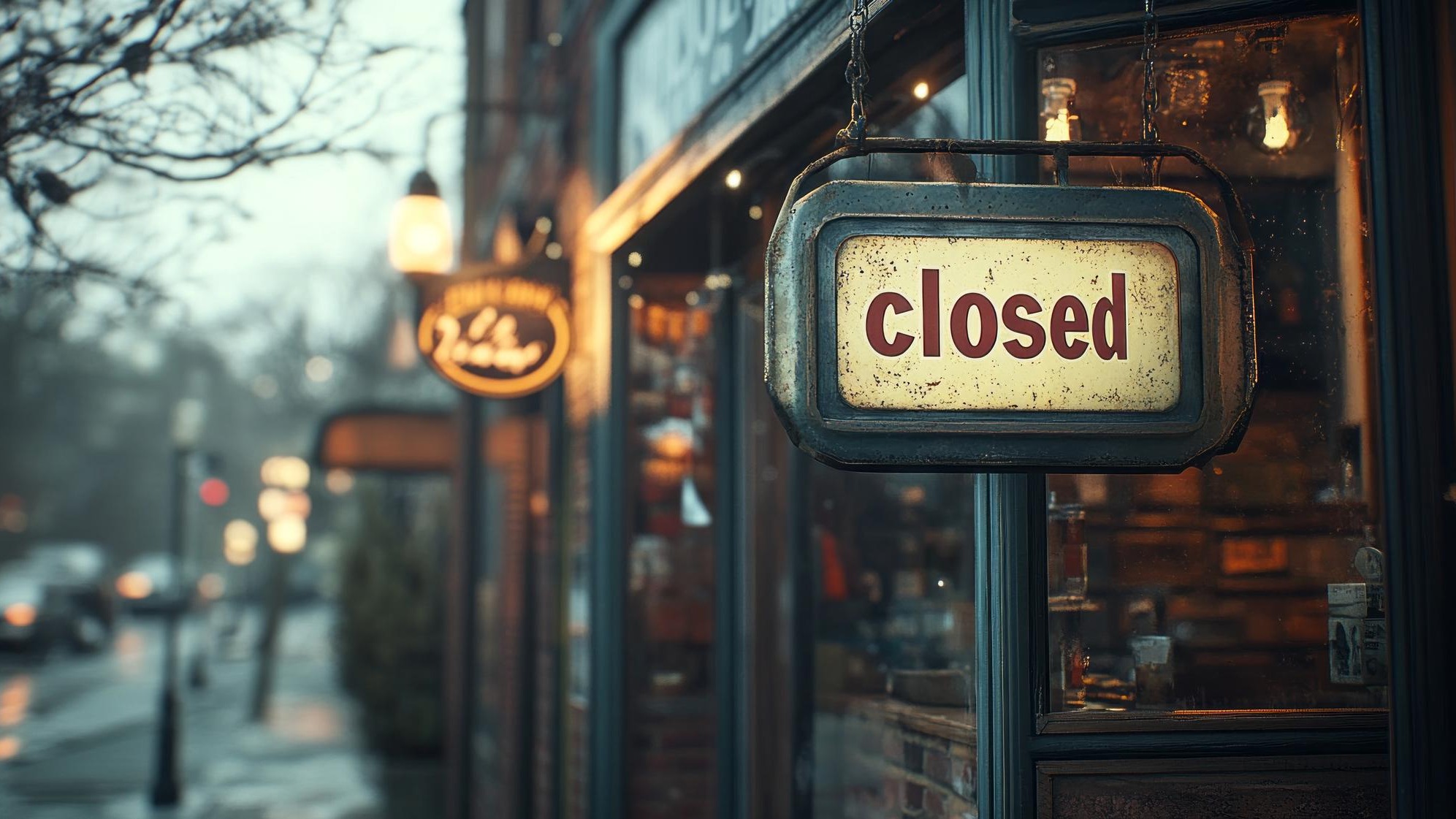 A closed sign hangs on a window of a store