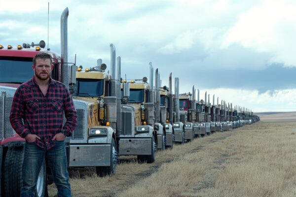 Fullbody shot of a male truck driver in a plaid shirt and work boots leaning against t
