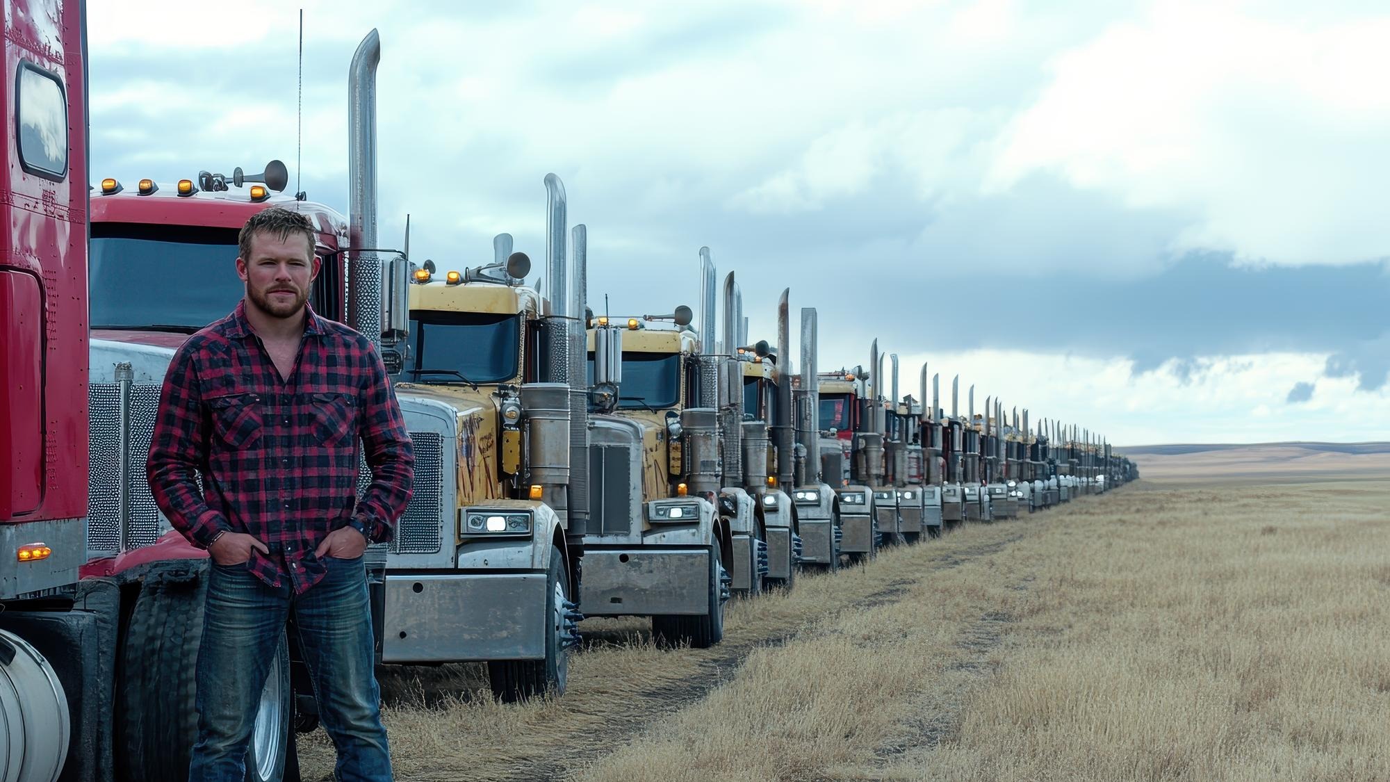 Fullbody shot of a male truck driver in a plaid shirt and work boots leaning against t