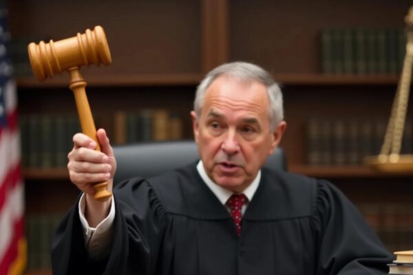 A judge seated at a wooden bench raising a gavel to deliver a verdict