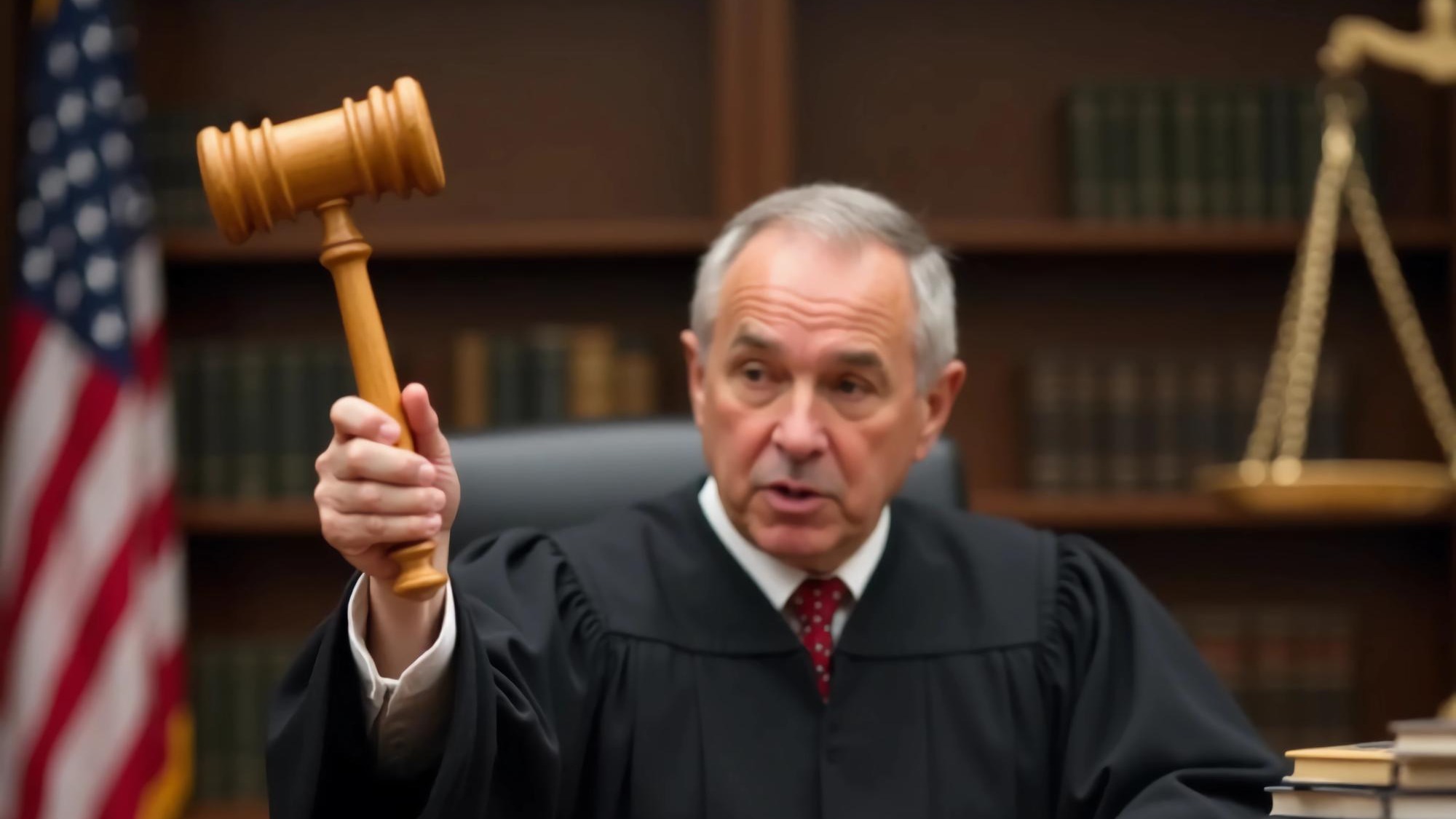 A judge seated at a wooden bench raising a gavel to deliver a verdict