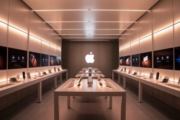 a white apple store with a silver apple on the wall