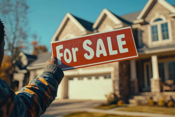 Person holding a quotFor Salequot sign in front of a new home