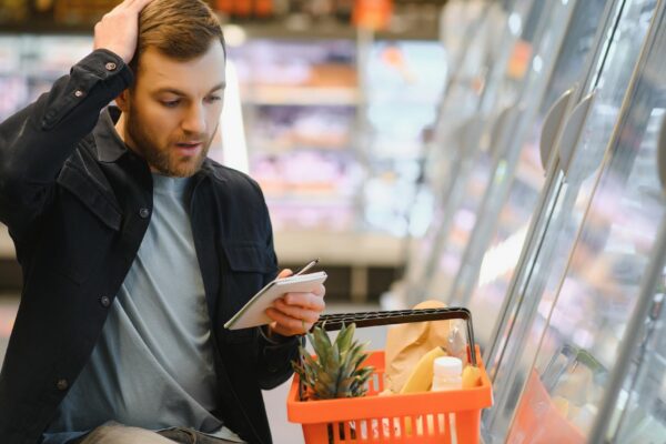 Young man buying groceries at the supermarket Other customers in background Consumerism concept