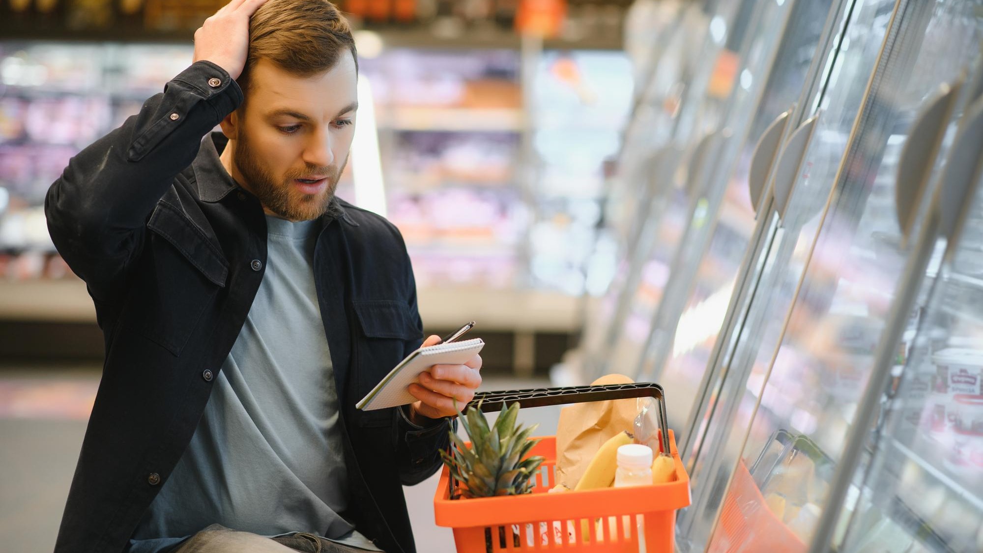 Young man buying groceries at the supermarket Other customers in background Consumerism concept