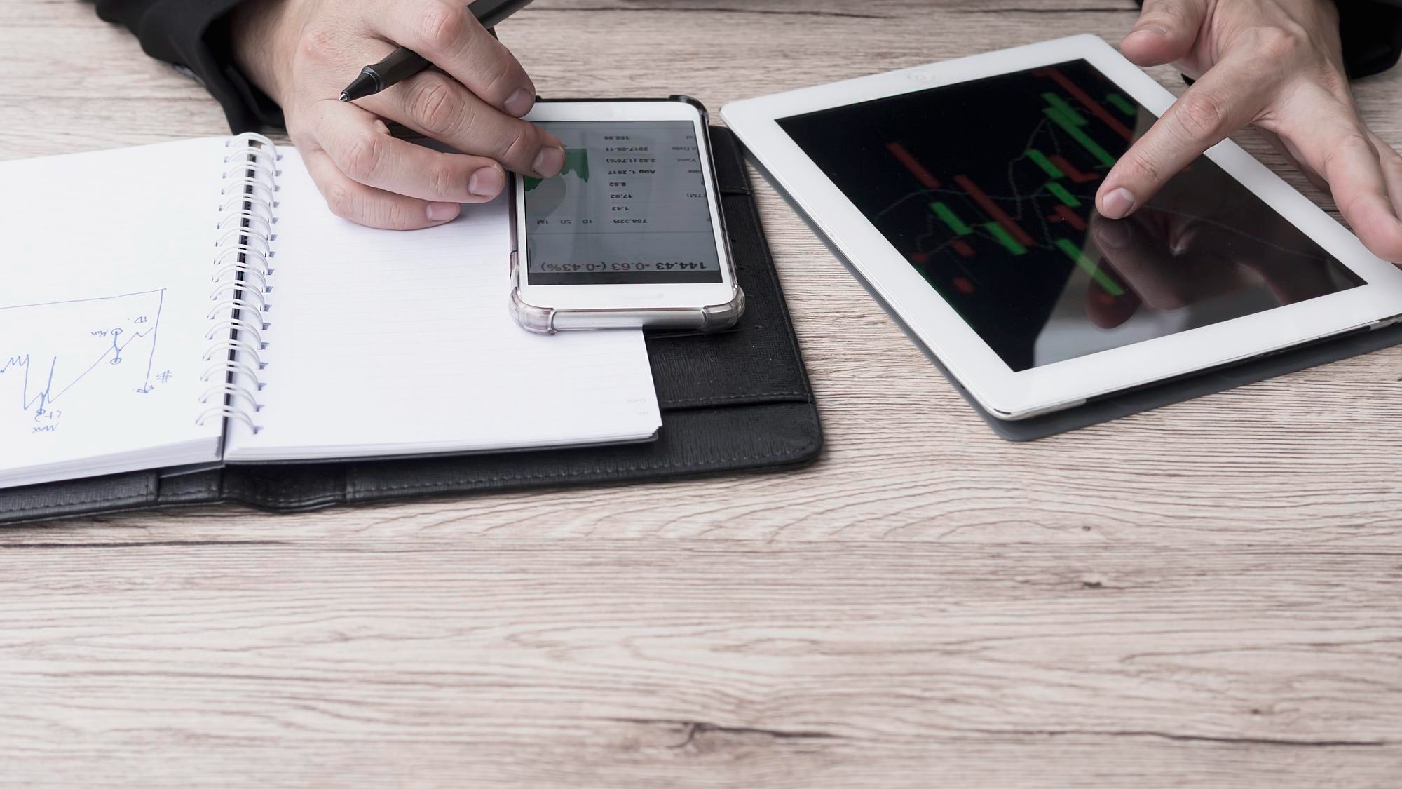 Businessman working on stock trading with tablet and mobile internet of things period