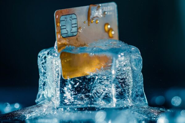 Credit card frozen in ice cube Frozen bank account Frozen funds and assets unavailable money The concept of bankruptcy and capital freezing capital outflow restrictions deposit risk sanctions