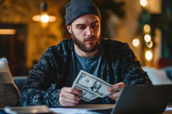 A creative entrepreneur counting their bankroll while brainstorming ideas in a cozy workspace