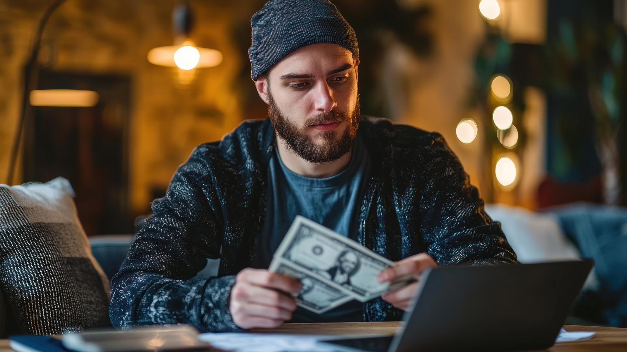 A creative entrepreneur counting their bankroll while brainstorming ideas in a cozy workspace