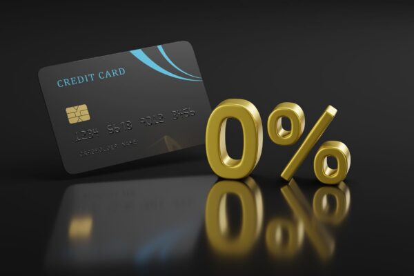 Close up of credit card and 0 solid text Financing concept 3d illustration