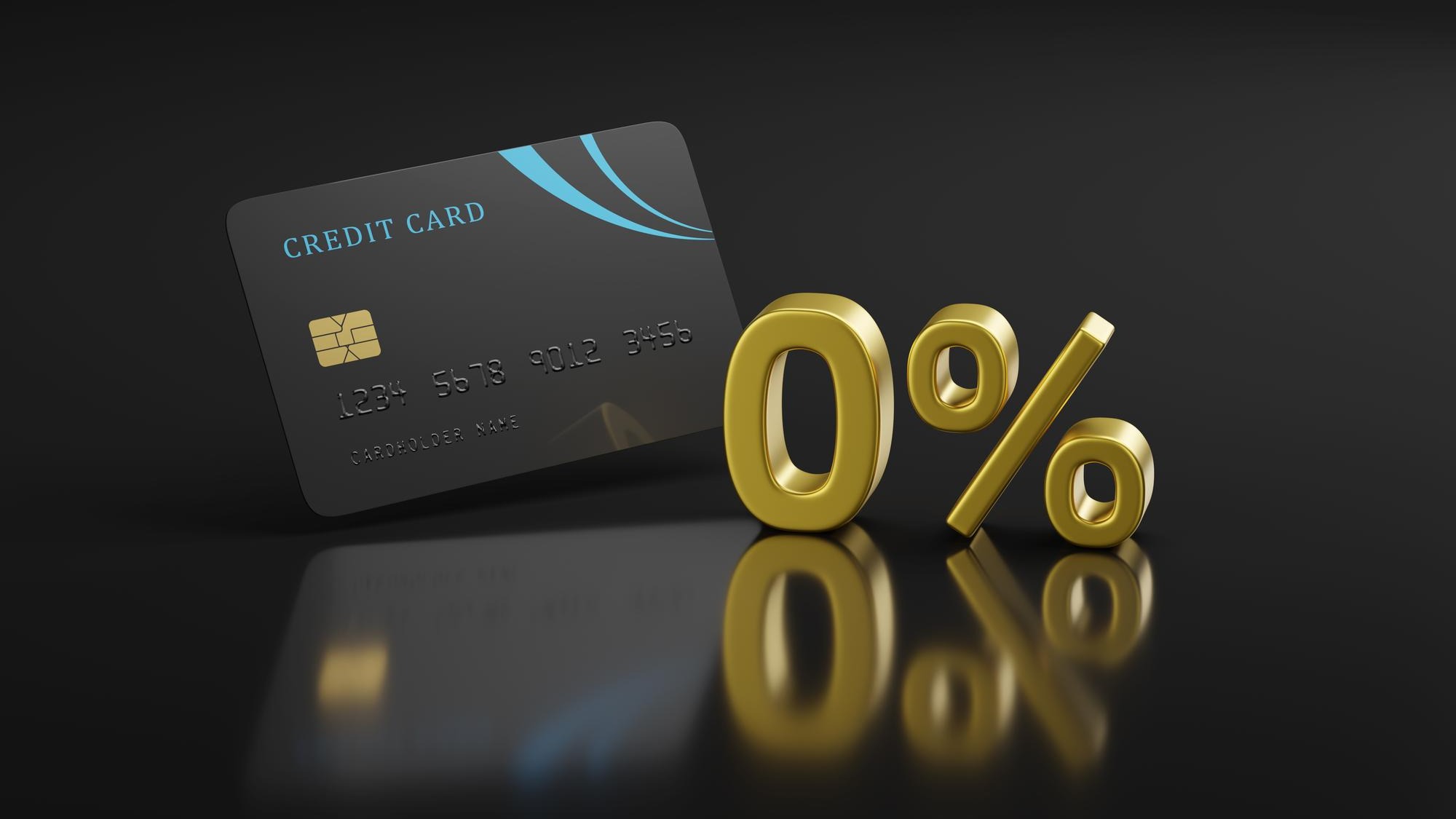 Close up of credit card and 0 solid text Financing concept 3d illustration