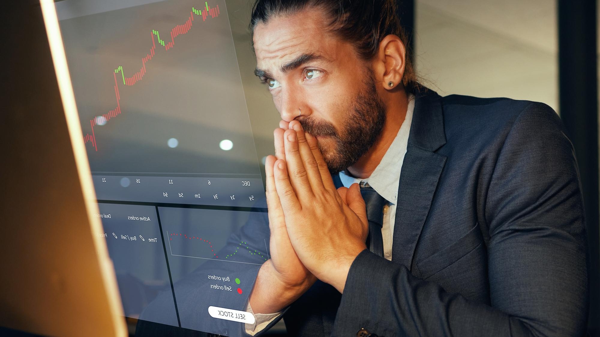 Business man stock market or money investment while waiting for the price to rise Economy fintech and wealth of rich entrepreneur and growth of cash crypto or stocks or bitcoin bonds or trading