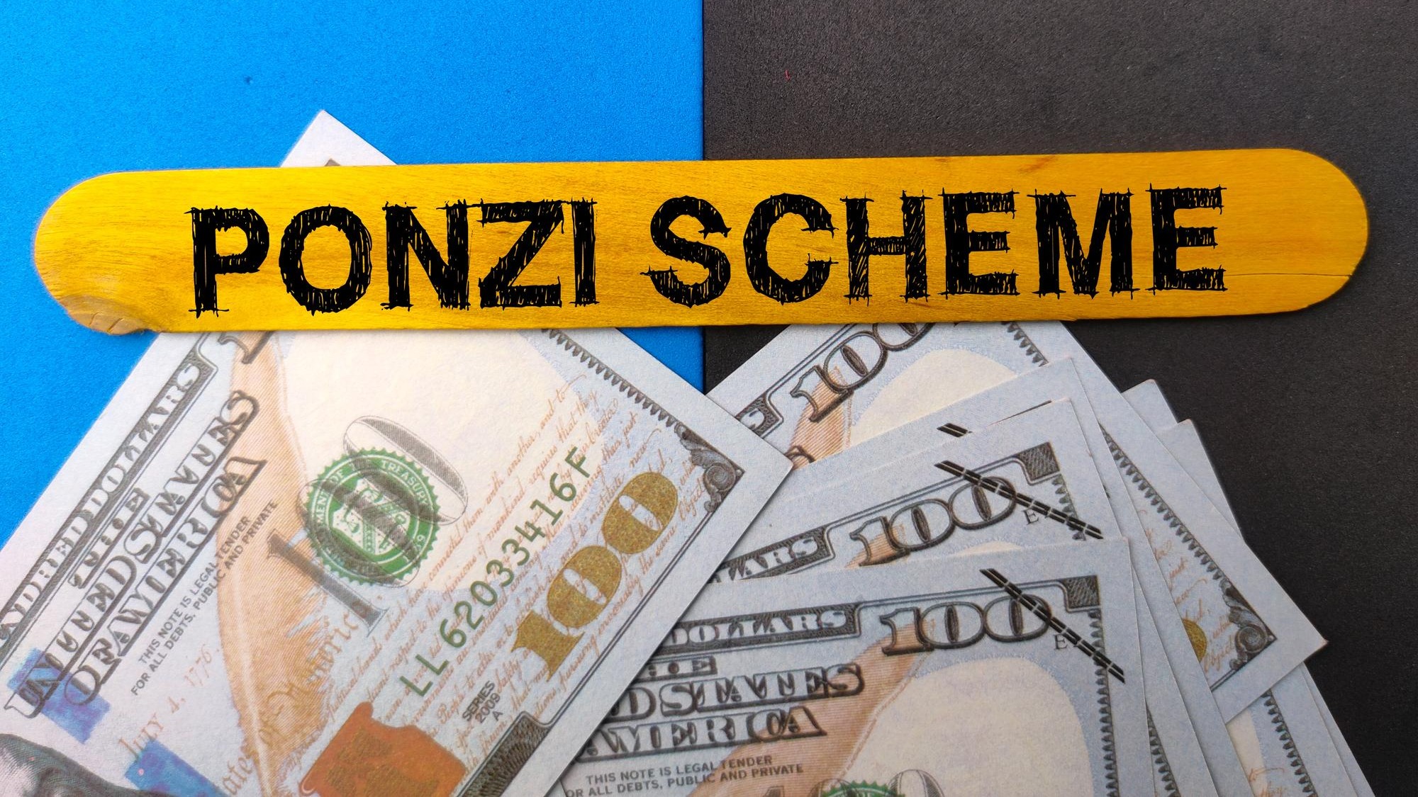 Top view banknotes and colored ice cream stick with text PONZI SCHEME on colored background