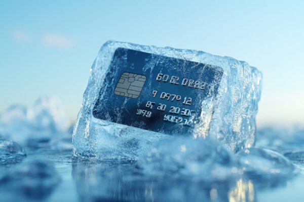 Credit Card Encased in Ice Block on Blue Background