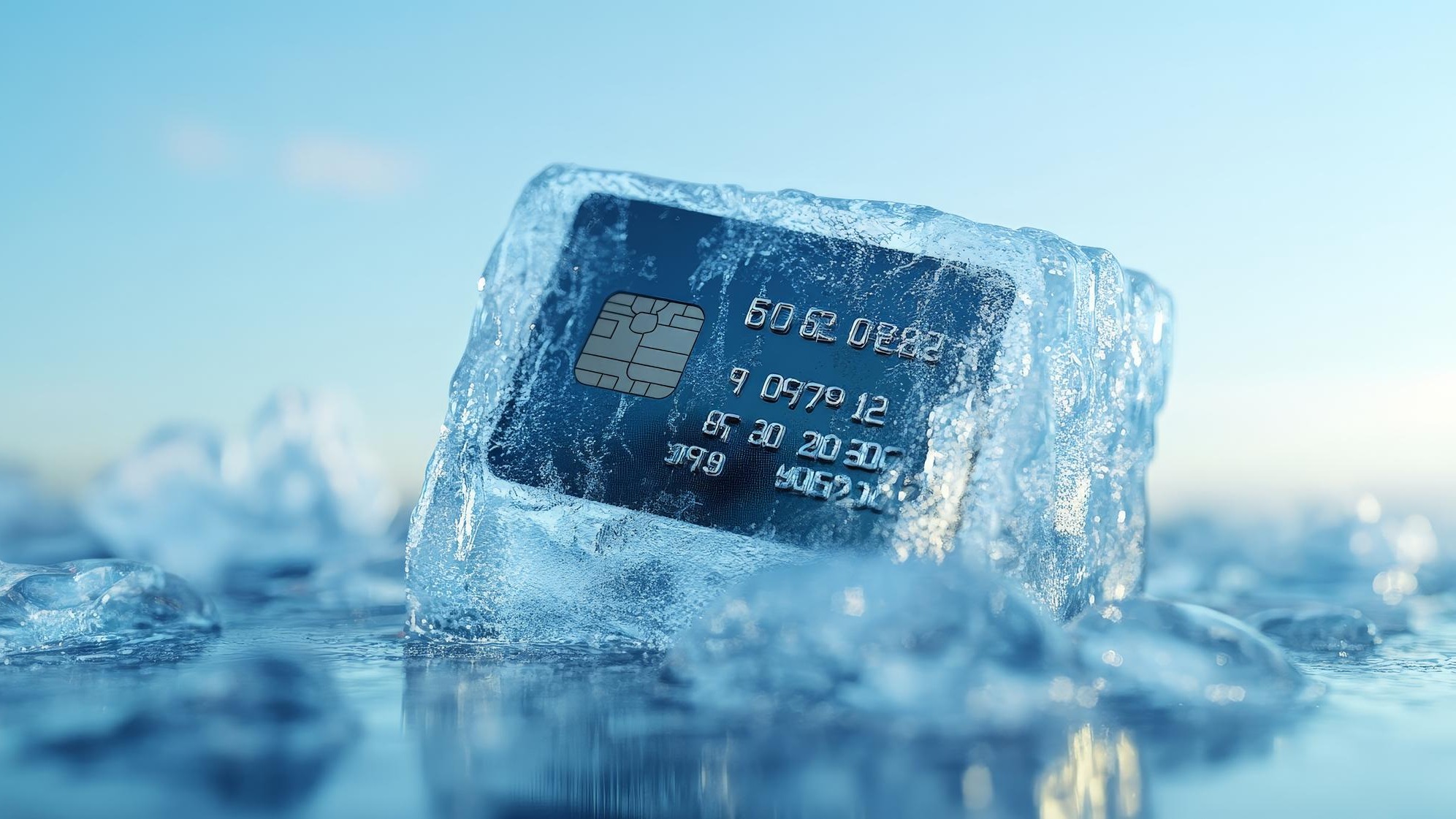 Credit Card Encased in Ice Block on Blue Background