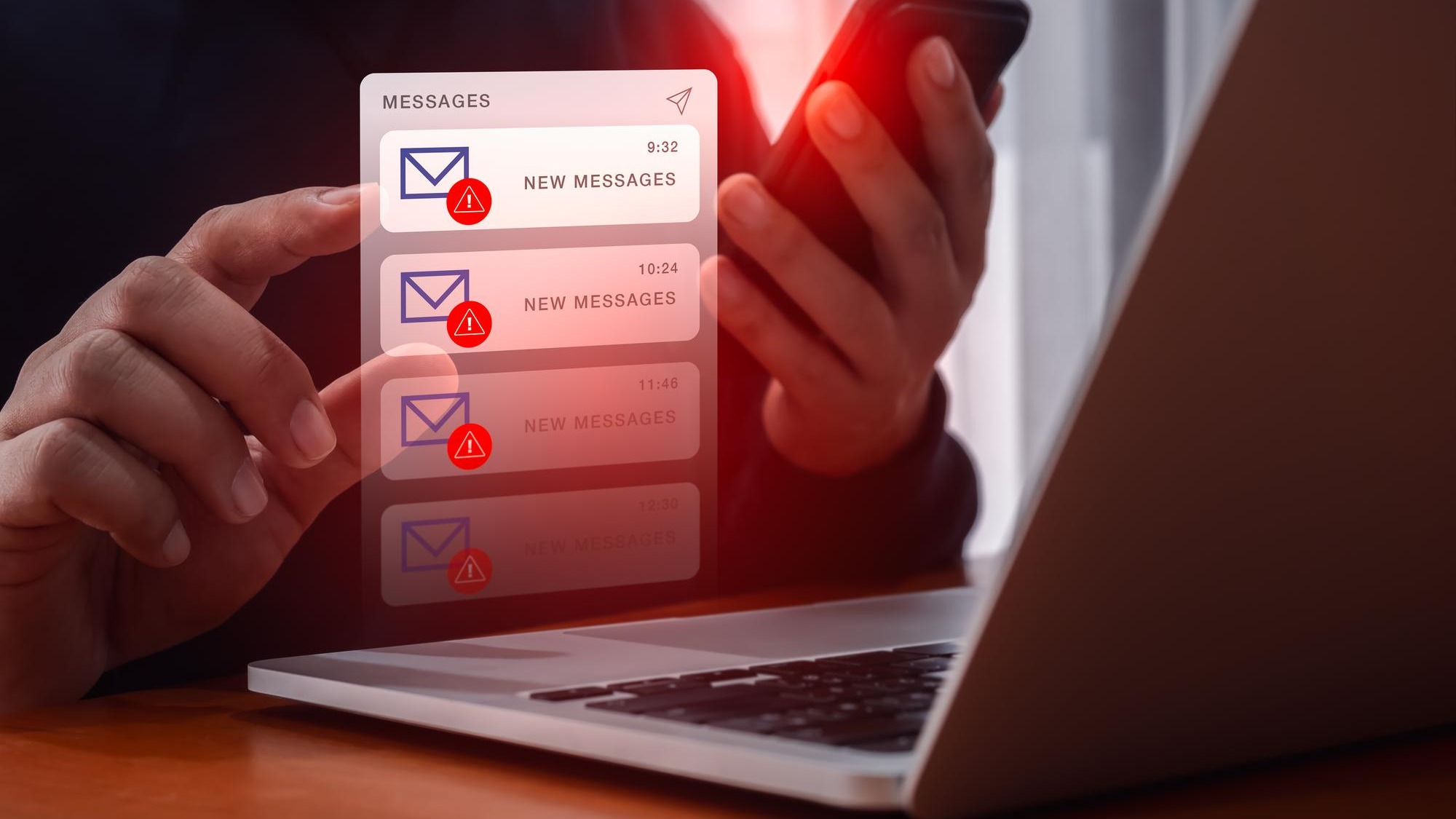 SMS scam or fake text message phishing concept System hacked warning alert email hack scam malware spreading virus on messages alert virtual on mobile smart phone screen in person people hand