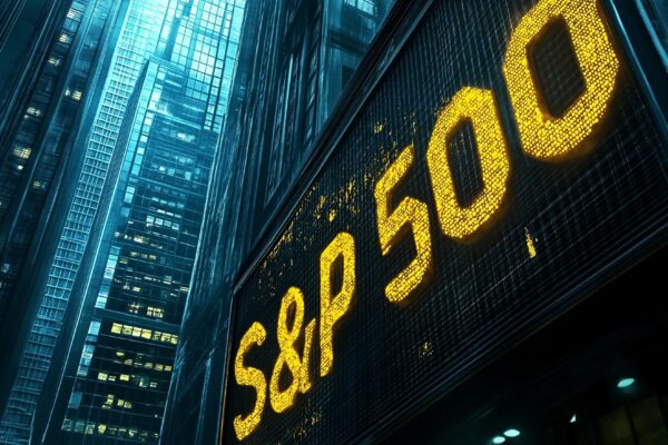 A large illuminated sign with quotSP 500quot in yellow lights against a backdrop of tall office buildings