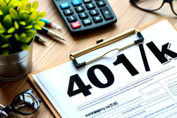 401k retirement plan document on desk with office supplies