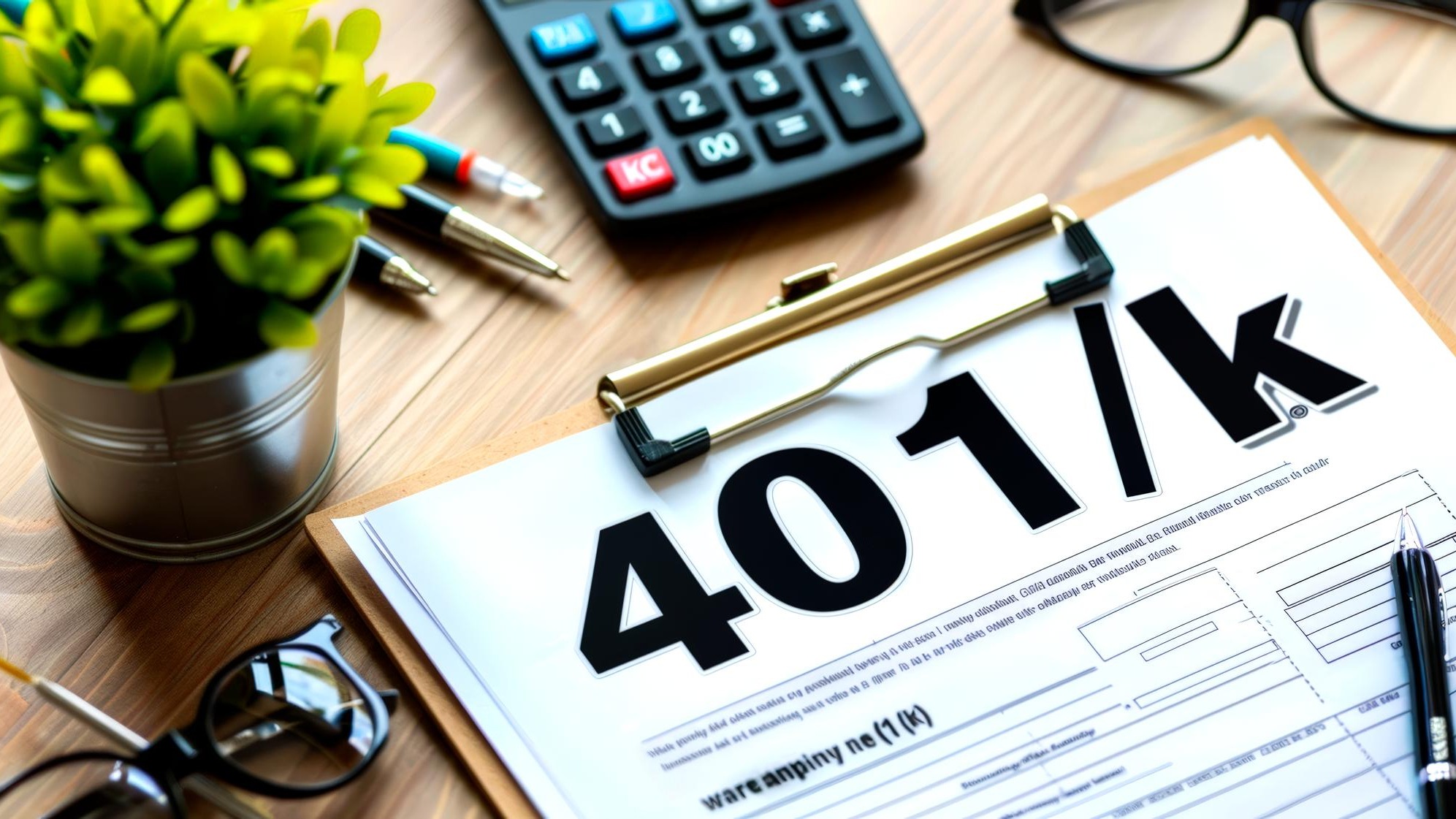 401k retirement plan document on desk with office supplies