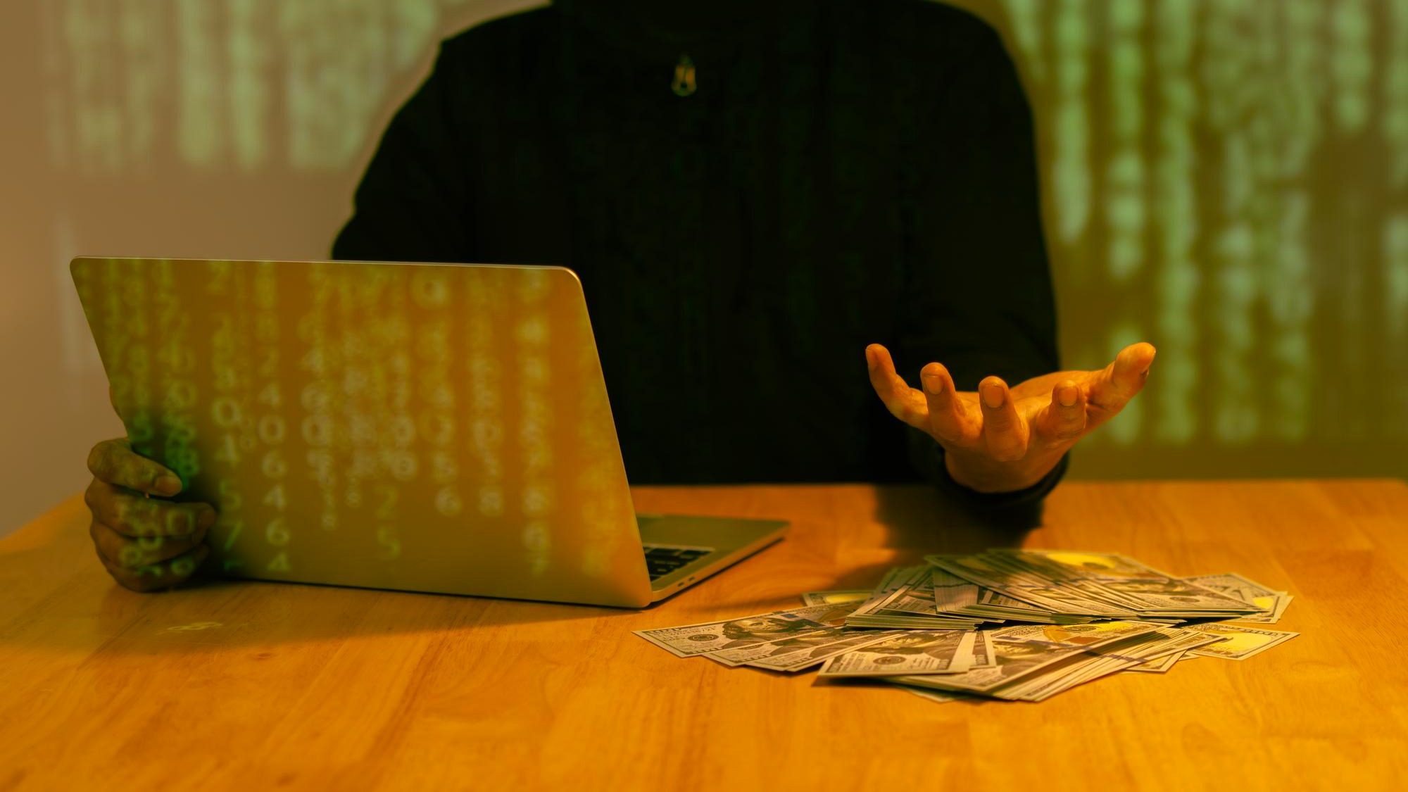 Hacker wearing black hooded with laptop hacking and stealing big data and finance information