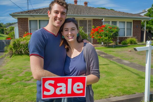a man and woman are posing in front of a house that says sale