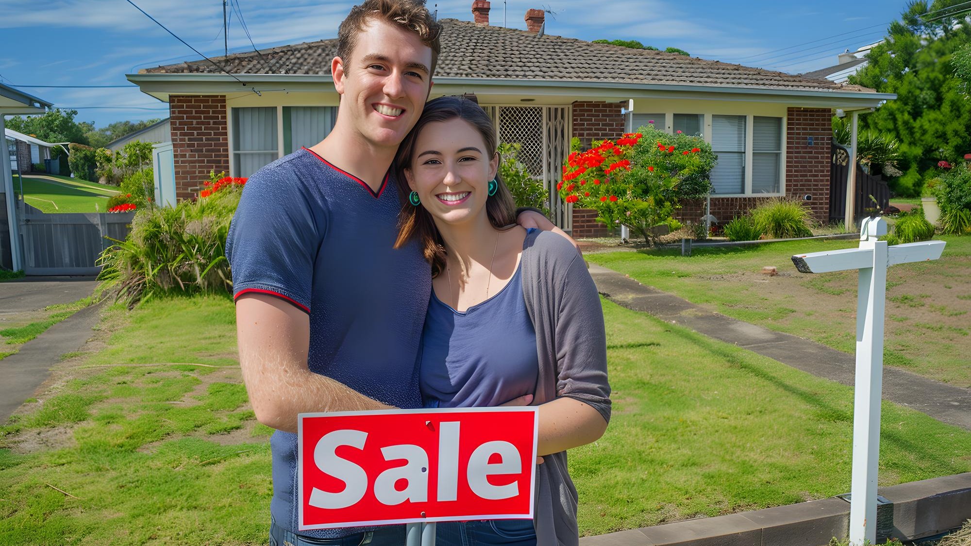 a man and woman are posing in front of a house that says sale
