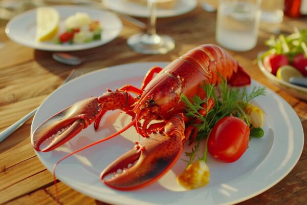 a plate of lobsters and vegetables on the table