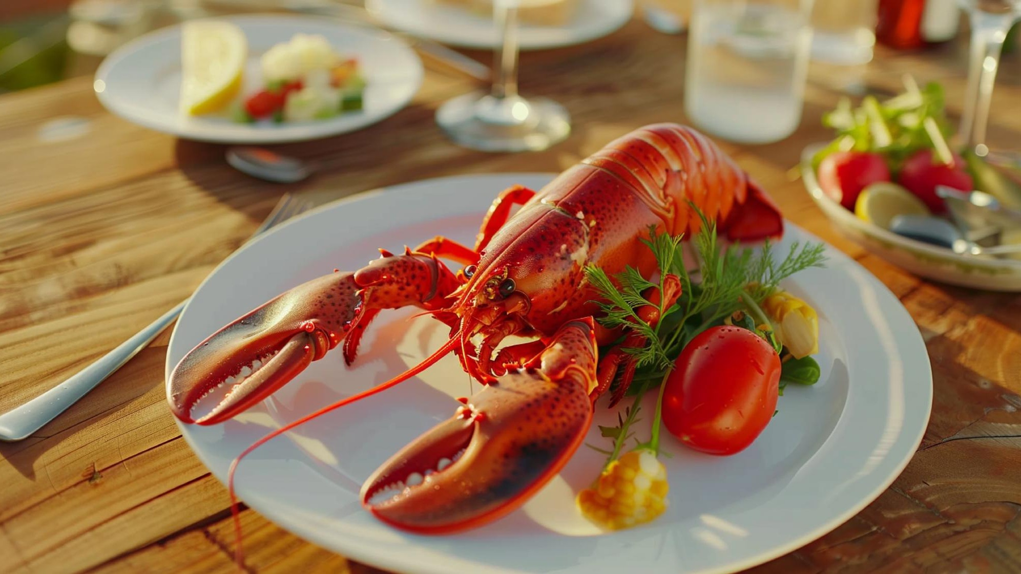 a plate of lobsters and vegetables on the table