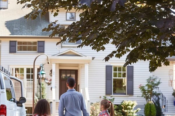 Family moving out of house loading moving van in driveway